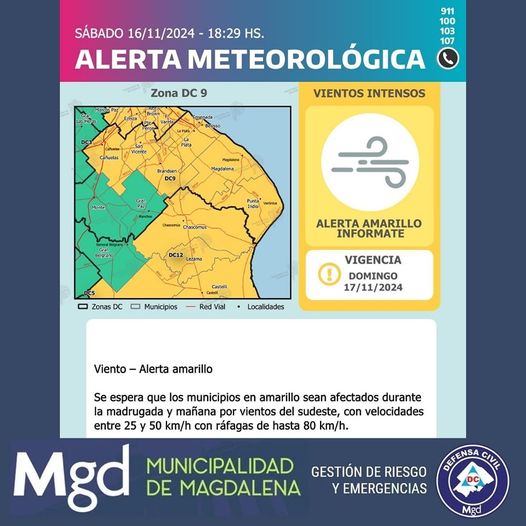 Alerta amarillo por vientos – domingo 17 de noviembre